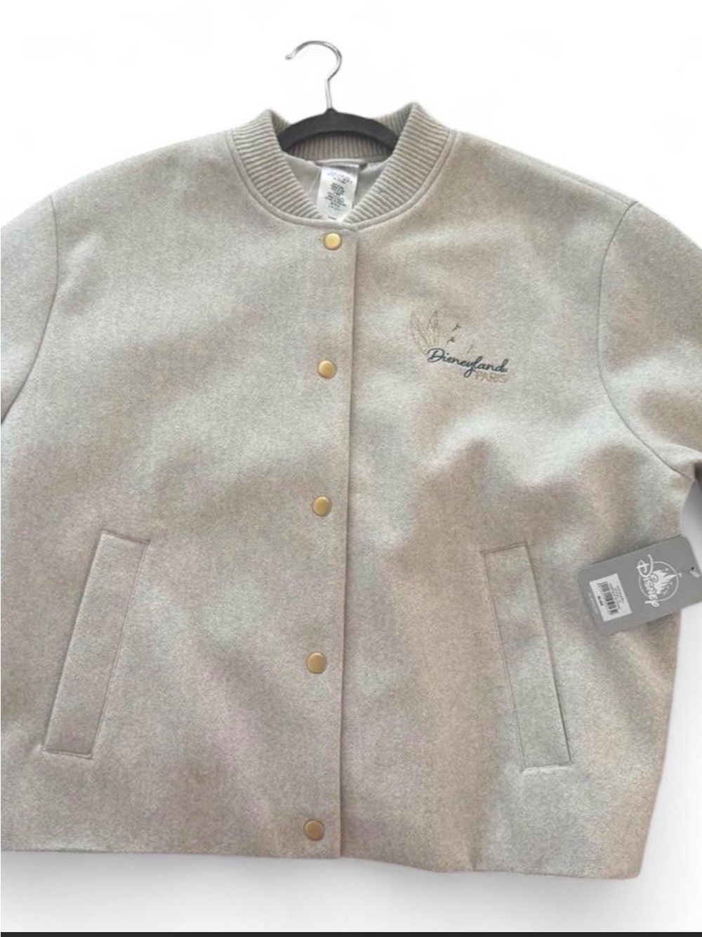 Disney Women's Beige Varsity Bomber Jacket with Gold Snaps
